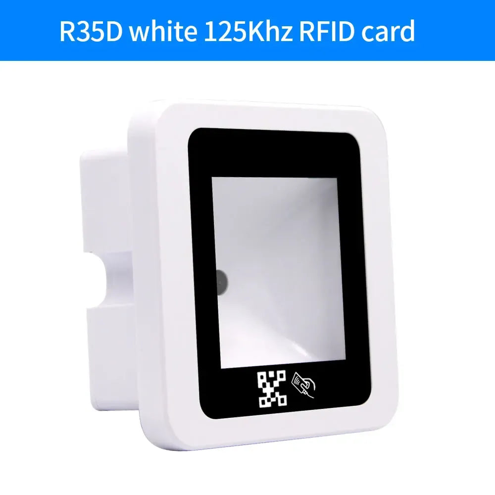 White square RFID QR code reader with black bezel, front window, and scan icon