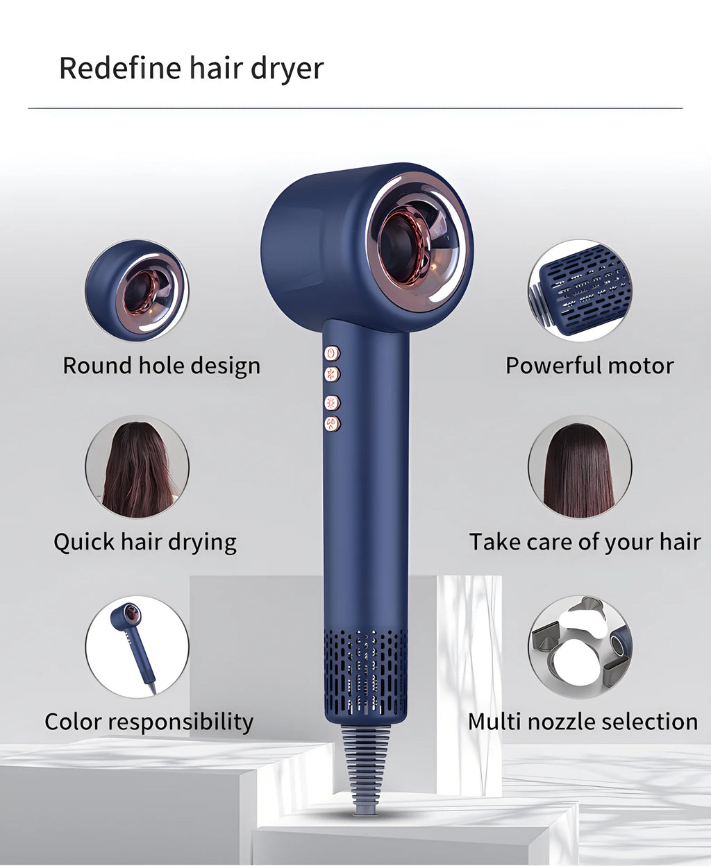 Blue 1600W silent negative ion hair dryer with nozzle attachments, constant temperature, and sleek modern design.