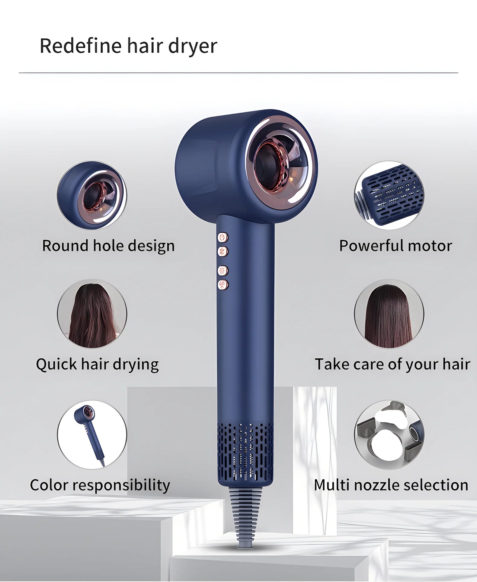 Blue 1600W silent negative ion hair dryer with nozzle attachments, constant temperature, and sleek modern design.