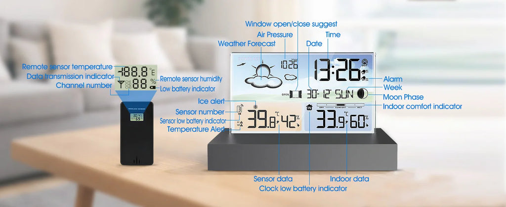 Indoor/Outdoor Weather Station With Alarm Clock – Accurate Thermometer, Hygrometer & 7-Day Forecast Calendar, For Desktop