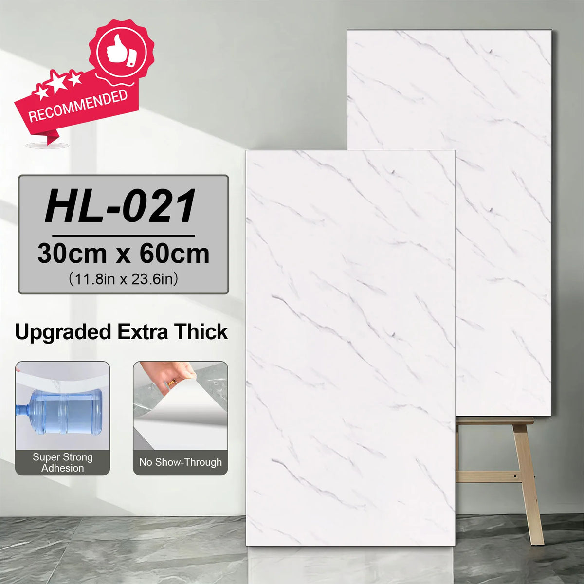 Self-adhesive marble tile sticker, white with thin light gray veining, 30x60cm