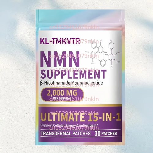 2,000mg NMN anti-aging supplement transdermal patches in a colorful, modern pouch packaging.