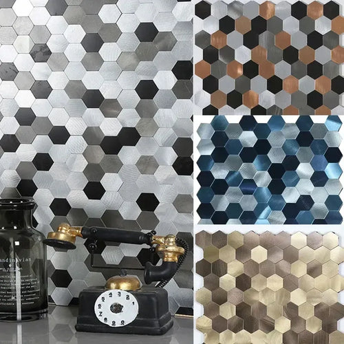 Peel-and-stick hexagon mosaic tiles set on wall, gray and dark with copper accents