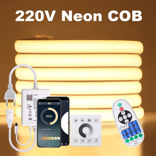 Smart LED neon COB strip light kit with remote controllers and illuminated flexible strip