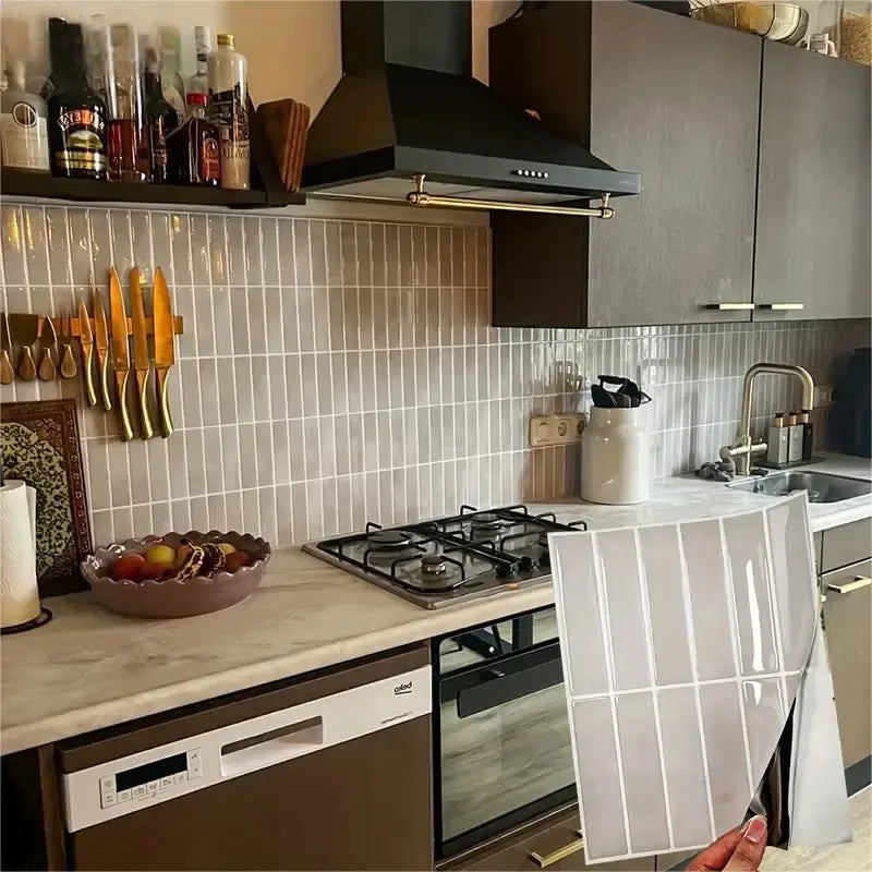 Self-adhesive tile backsplash sticker sheet, glossy white square grid
