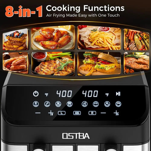 Dual air fryer with digital touch control panel and two cooking baskets