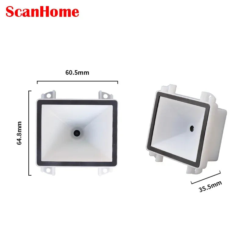 Embedded barcode scanner module with size dimensions for front and angled views