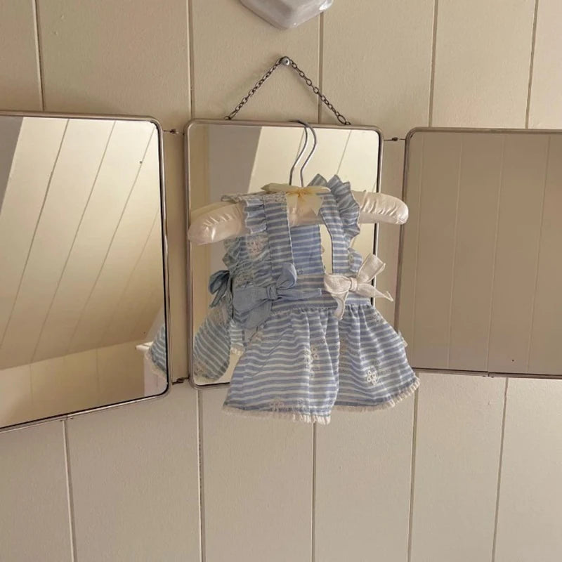 Blue and white striped bow pet dress for small dogs, perfect lightweight spring and summer pet clothing.