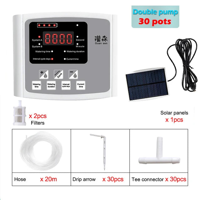 Solar drip irrigation controller kit with double-pump timer, solar panel, hose and connectors