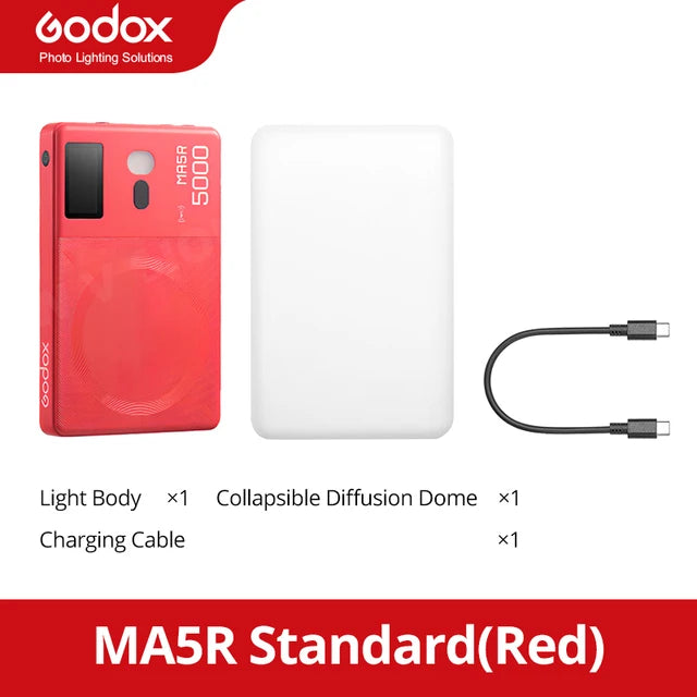MA5R red LED light body, white collapsible diffusion dome, and USB-C charging cable for photography lighting.