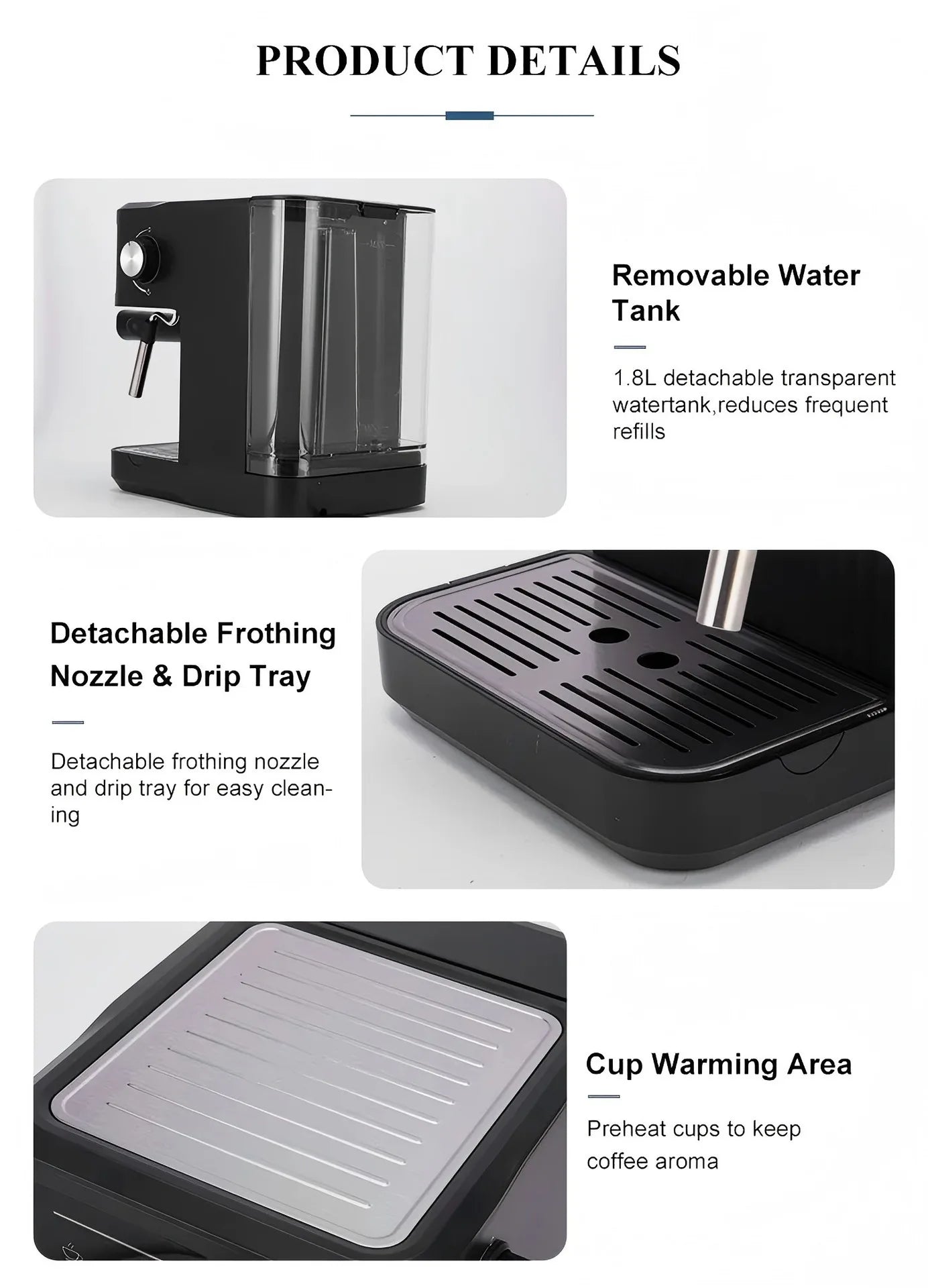 Black espresso machine with 1.8L water tank, frothing nozzle, removable drip tray, and top cup warming plate.