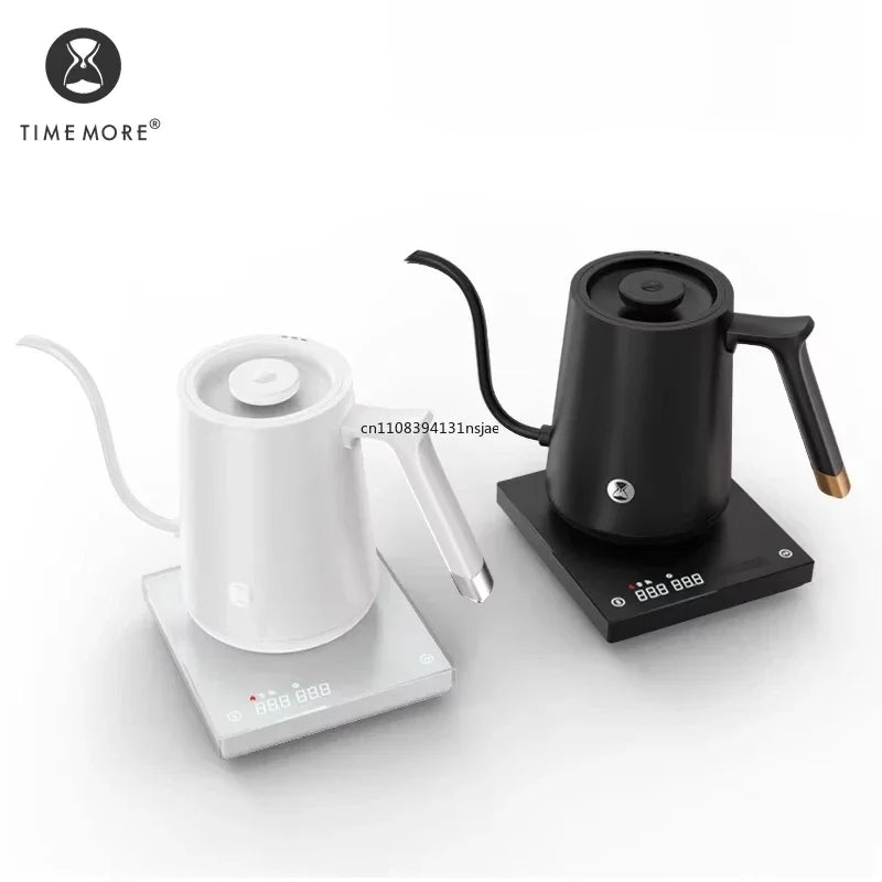 Timemore electric gooseneck kettle set in matte black and white with digital temperature control base.