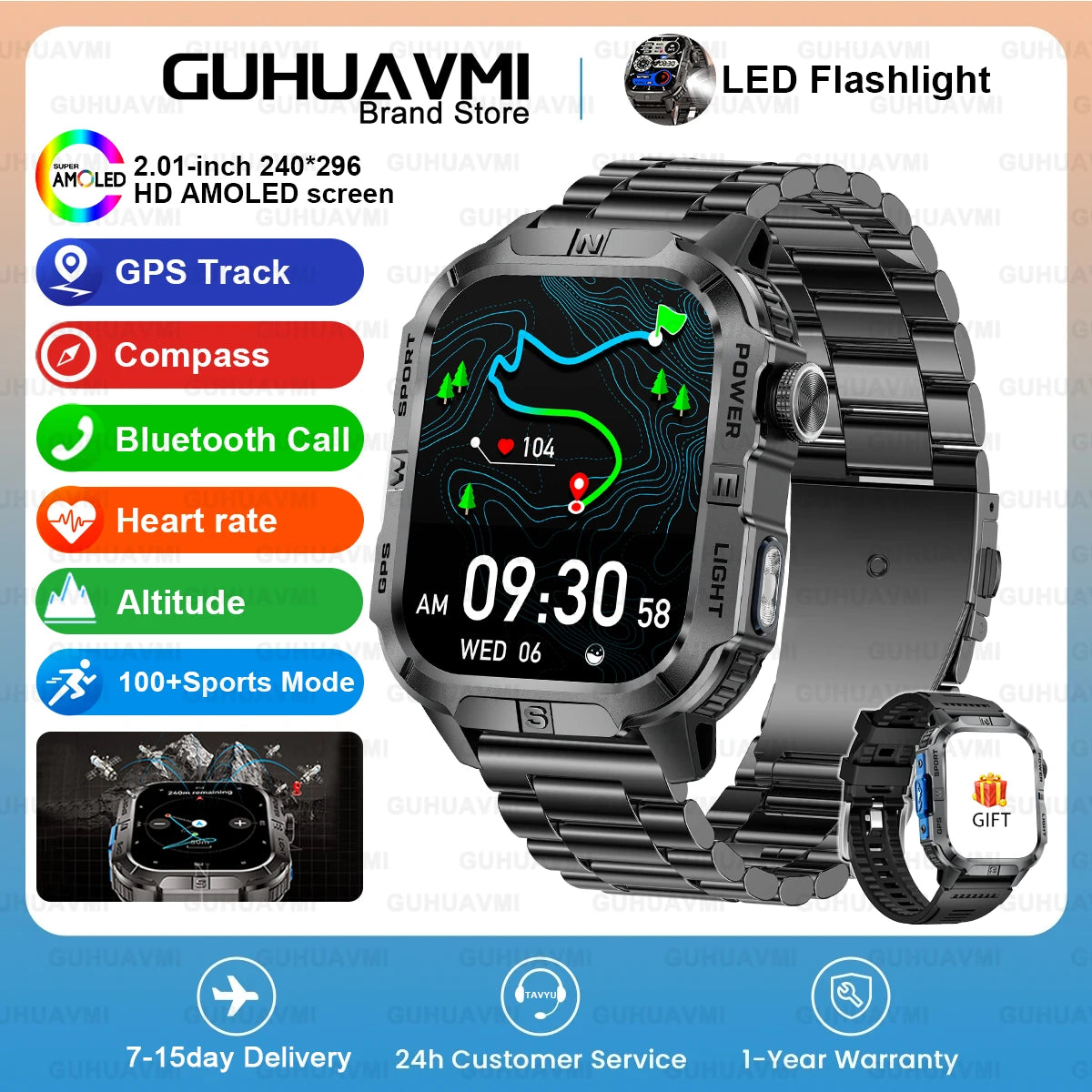 2026New Outdoor Military Men's Smartwatch, Equipped With GPS LED Lighting, Compass, Wireless Communication IP68 Waterproof Watch