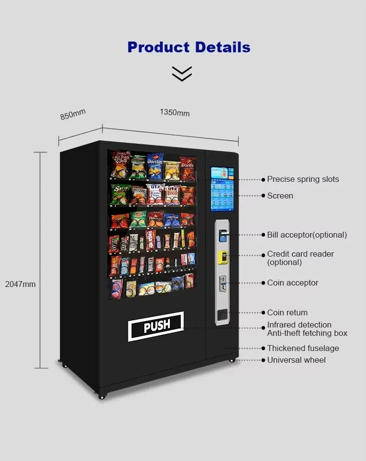 Vending machine product details view with front door window, touch screen, and payment panel