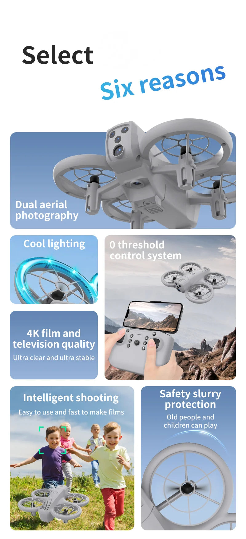 Gray drone with four enclosed propellers and 4K camera, includes a remote control with phone mount for aerial