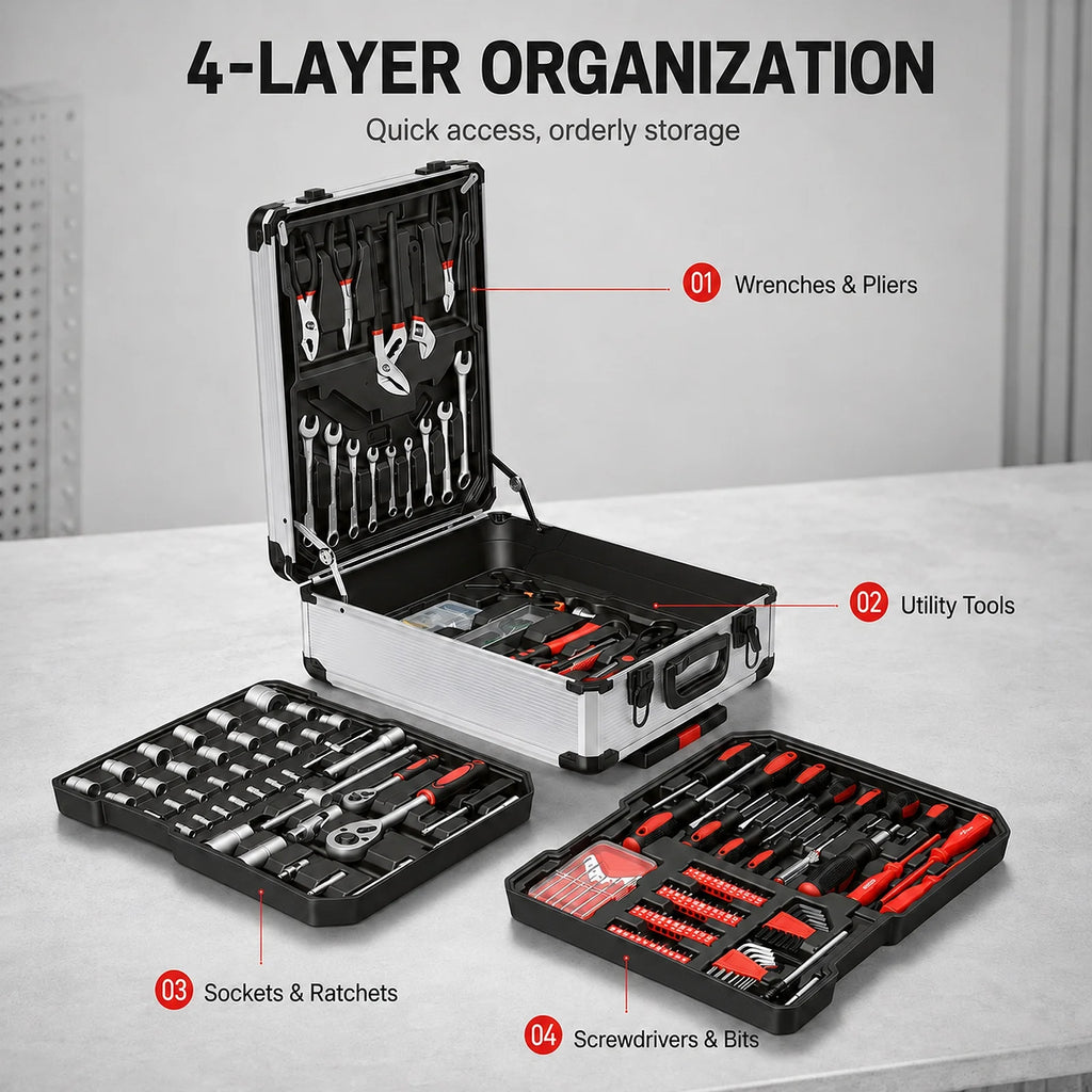 Professional Rolling Toolbox with Wheels Complete Mechanic Tool Set Heavy Duty Socket Wrench Kit Automotive Repair Hand Tools Portable Storage Case for Car Motorcycle Bicycle Home Garage Workshop Maintenance Equipment DIY