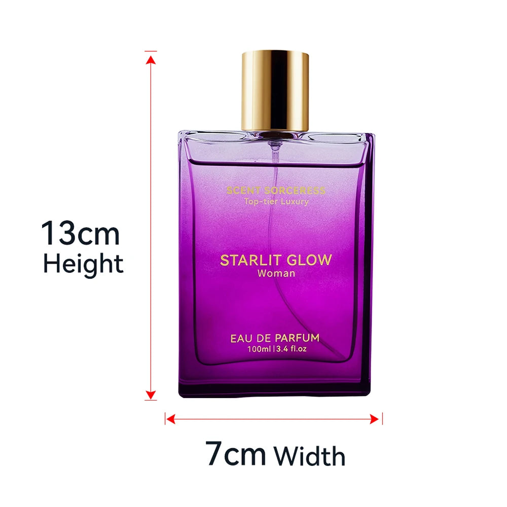 Scent Sorceress Starlit Glow 100ml EDP: Luxury floral perfume for women in a rectangular purple glass bottle spray.