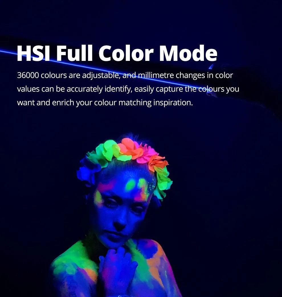 Long, slim LED light wand casting vibrant, multi-colored light on a person, highlighting HSI color adjustment features.