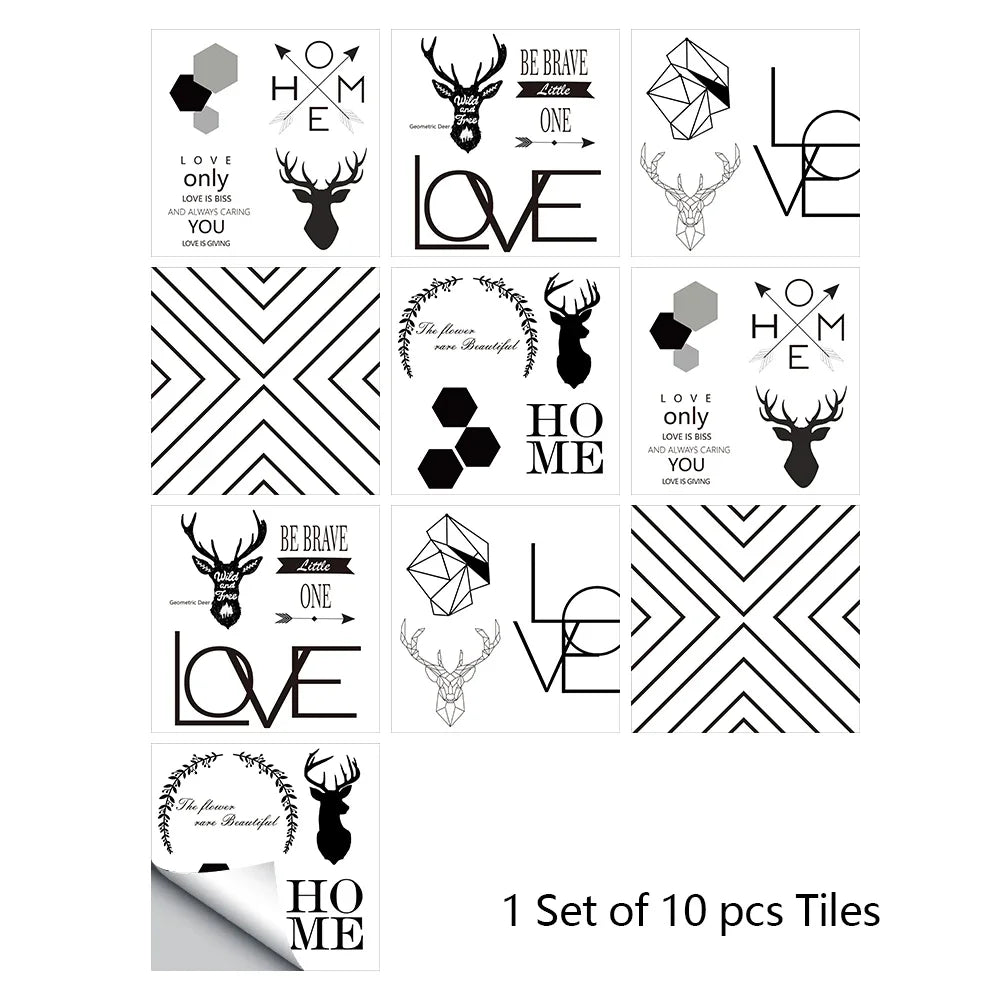Black-and-white woodland and geometric tile stickers, 10-piece set with deer and LOVE