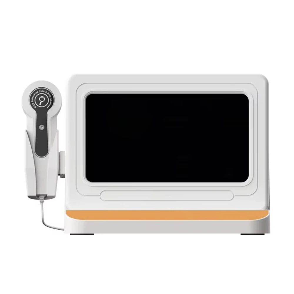 10-inch HD scalp microscope and hair analyzer device with handheld detector probe for professional skin assessment.