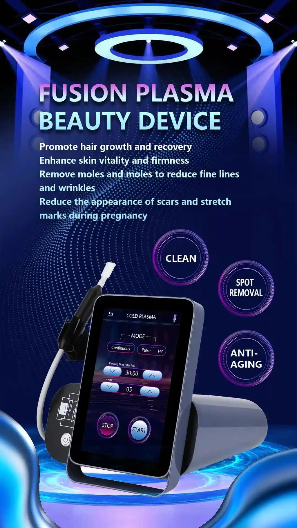 6-in-1 cold plasma beauty device with touchscreen for skin cleaning, spot removal, and anti-aging treatments.