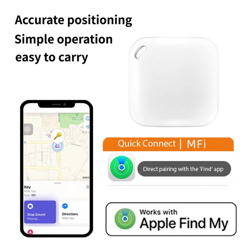 White Bluetooth pet GPS tracker works with Apple Find My for accurate, real-time location tracking of pets and keys.