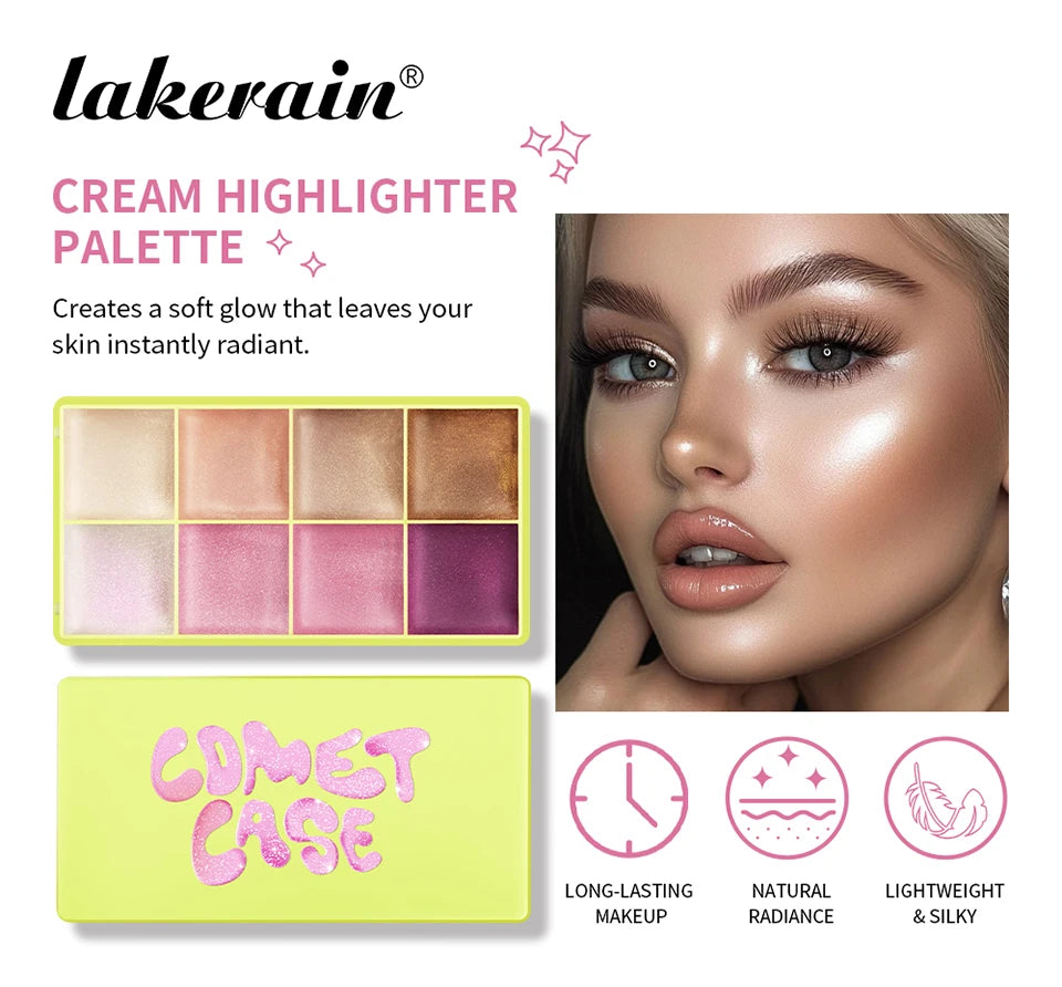 Tidesmit 8 color eyebrow cream highlighter palette showing shimmer and matte texture swatches for face makeup