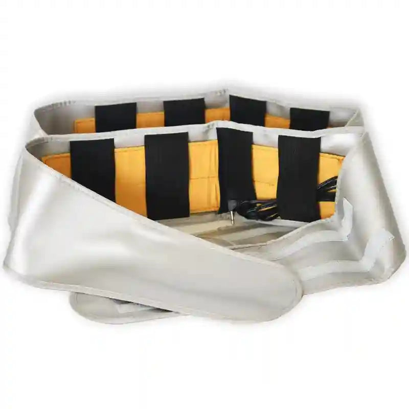 Silver and yellow ionic detox machine waist belt with black straps for professional foot bath spa cleanse.