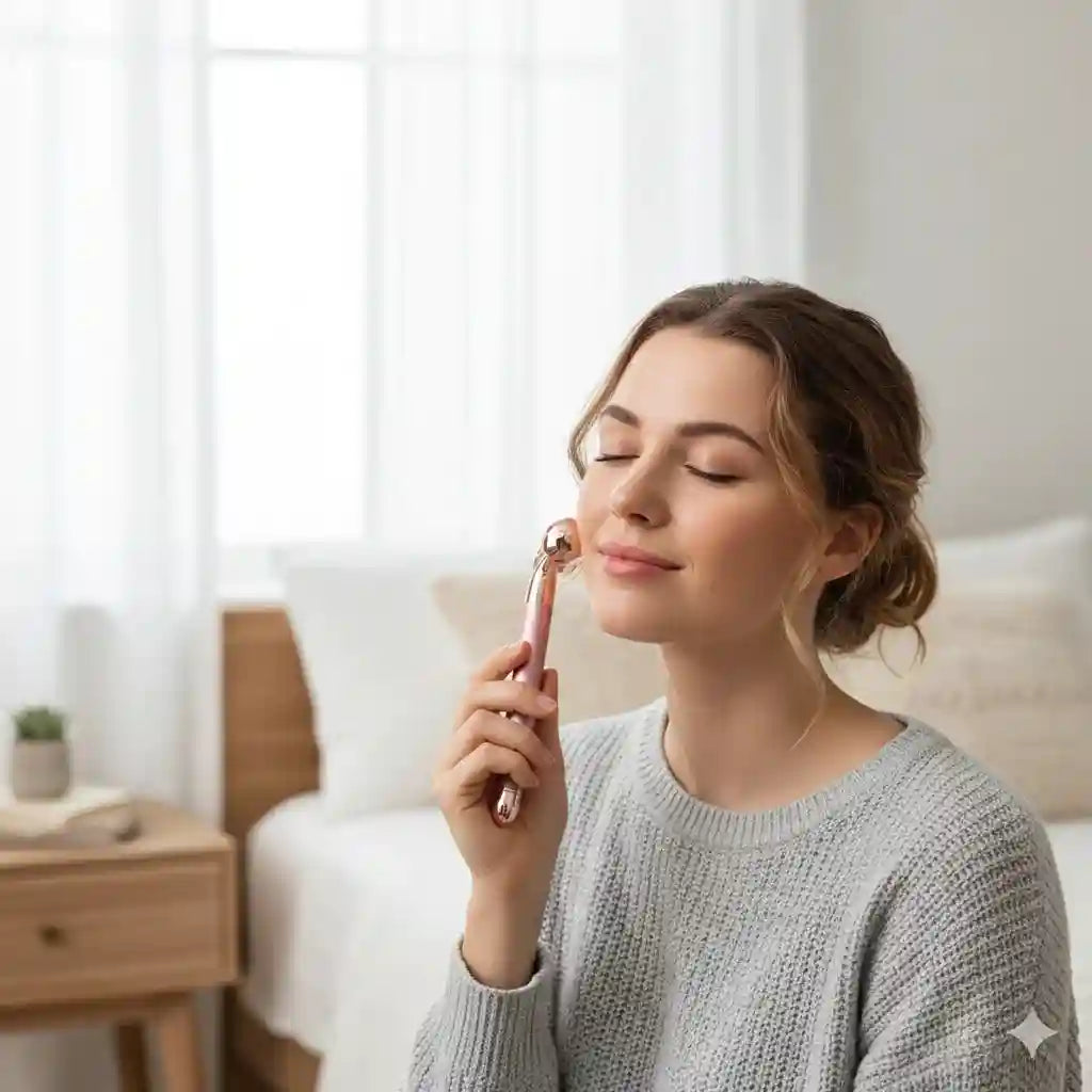 A woman using a rose gold facial roller massager on her cheek in a sunlit bedroom.