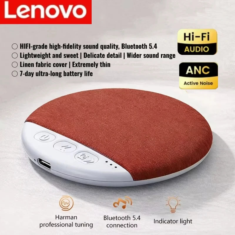 Thin, round red Lenovo sleep aid sound machine with white control buttons and indicator lights for better sleep.