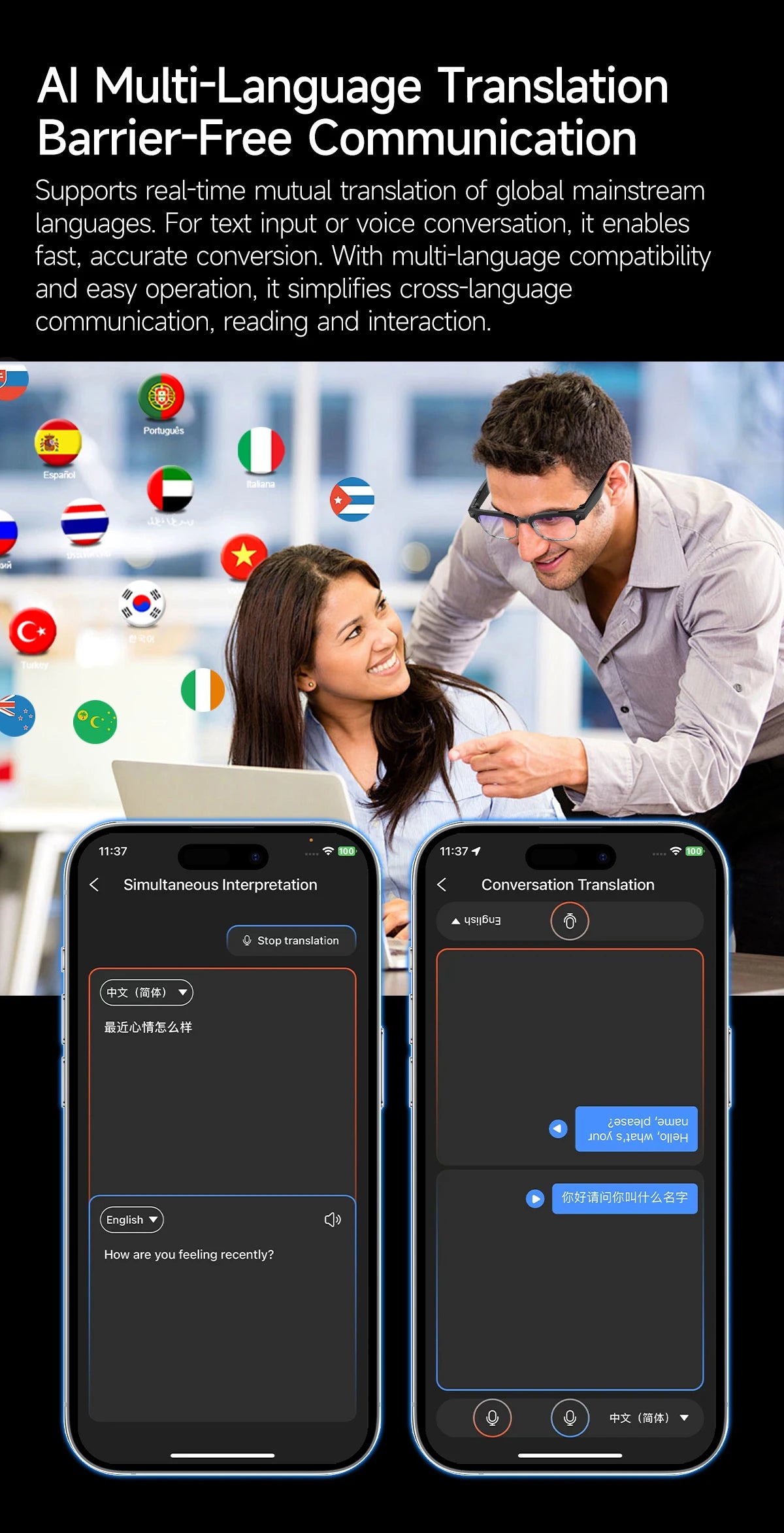 Smart Bluetooth Glasses with AI Camera and Live Translation - Tidesmit Tidesmit