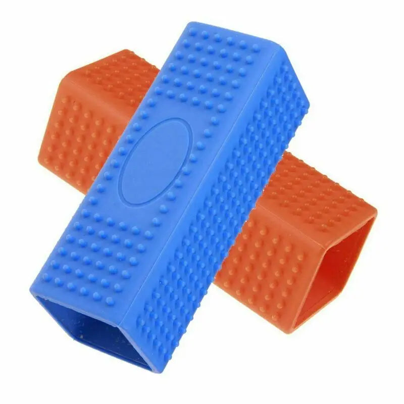 Blue and orange silicone pet hair removal brushes for effective dog and cat hair cleaning from furniture and fabrics.