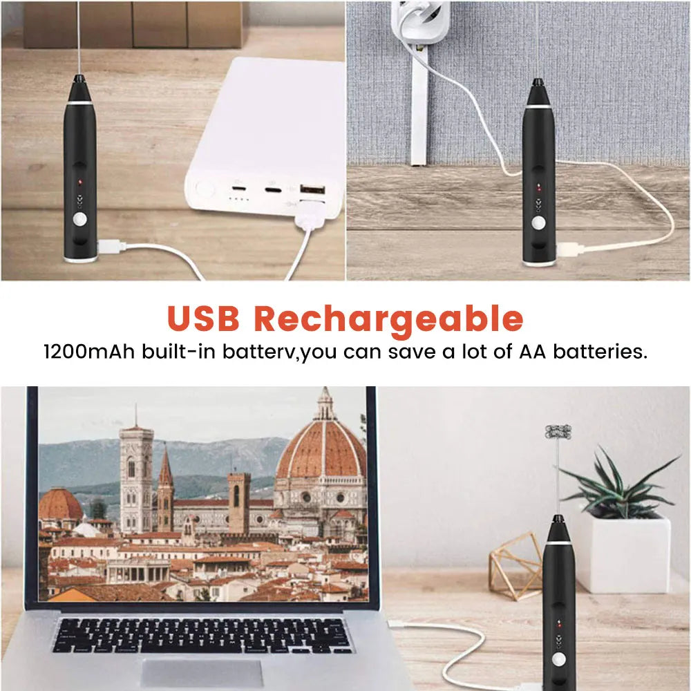 Black handheld USB rechargeable electric milk frother for coffee with 1200mAh battery charging via laptop or wall.