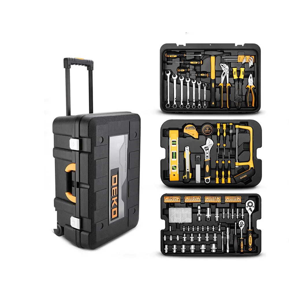 DEKO 258pcs Home DIY Hand Tool Set Professional Hand Tool Luggage Three-layer Rolling Portable Storage Box