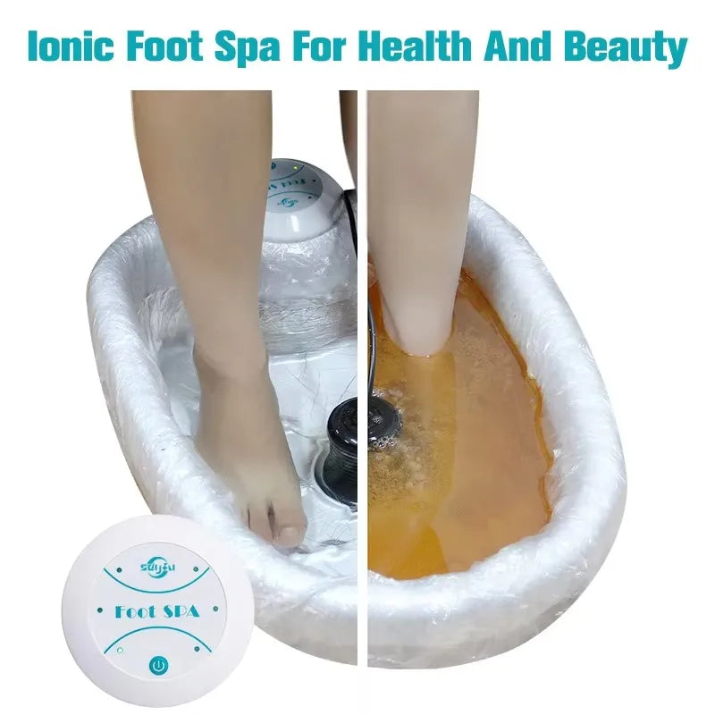 Electric ionic foot spa bath detox machine with cleaning array, showing feet in water during aqua therapy session.
