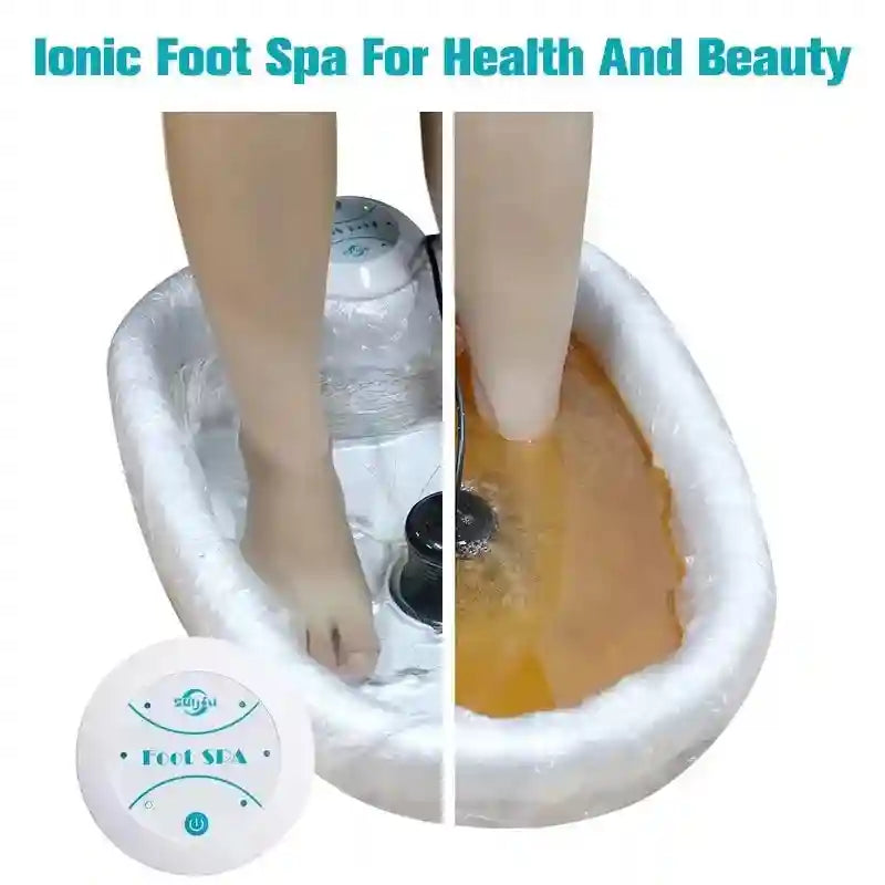 Electric ionic detox foot spa bath machine with vibrating whirlpool, cleaning array, and water basin for home therapy.