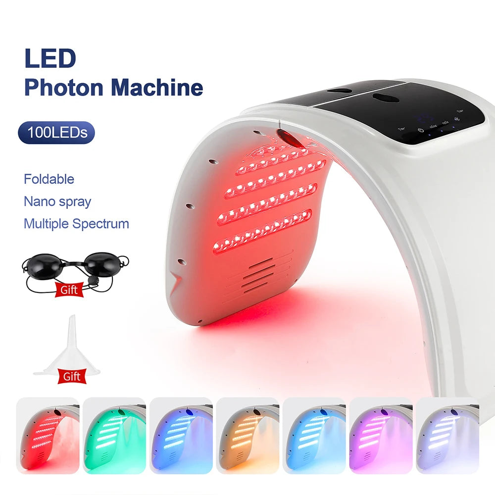 Foldable white LED photon therapy arch with red light, touchscreen panel, protective goggles, and funnel accessory.