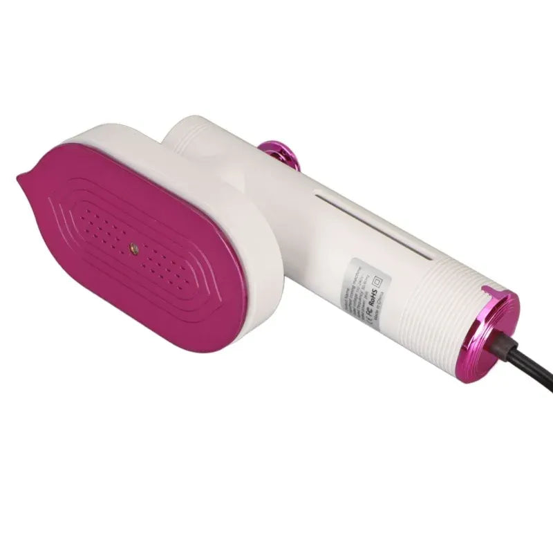 Handheld garment steamer in white and magenta for easy clothes ironing and wrinkle removal at home or travel.