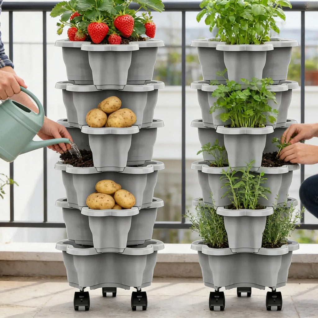 6-tier planter tower on casters with strawberries and herb plants in stacked gray pots