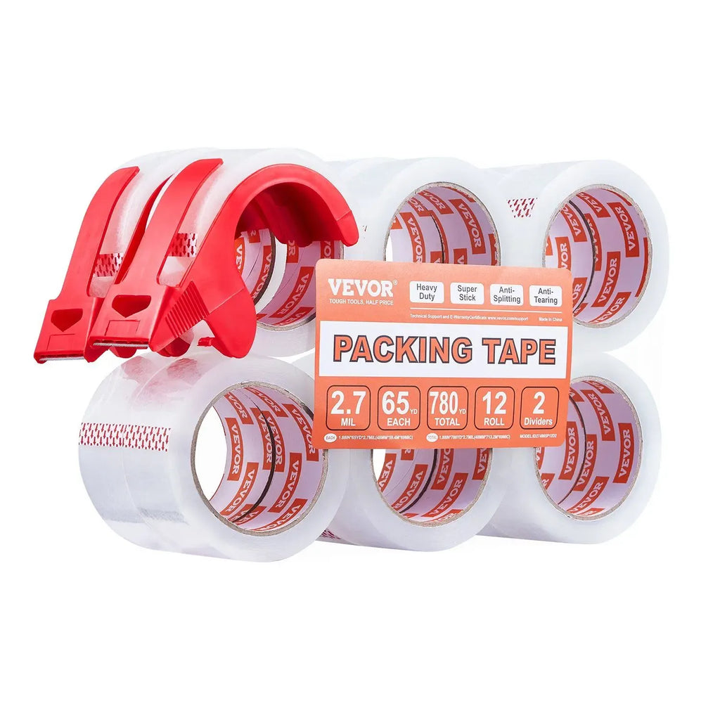 Clear packing tape rolls with two red plastic dispensers, 1.88 in wide