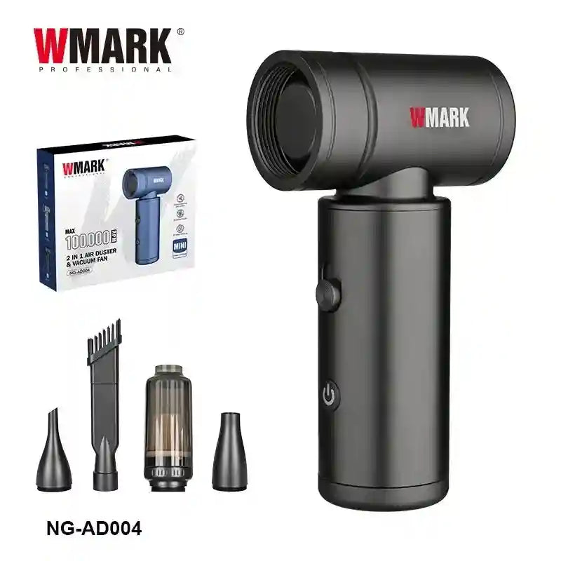 WMARK NG-AD004 black cordless air duster and vacuum with 100k RPM BLDC motor and multiple specialized attachments.