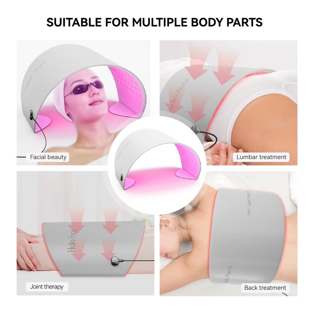 A flexible grey LED light therapy device arch being used on a face, back, lower back, and joint for treatment.