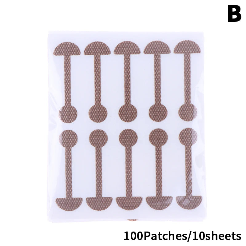 Tan invisible nose wing shrinking stickers on 10 sheets, 100 adhesive nose shaper lifting strips for face care.