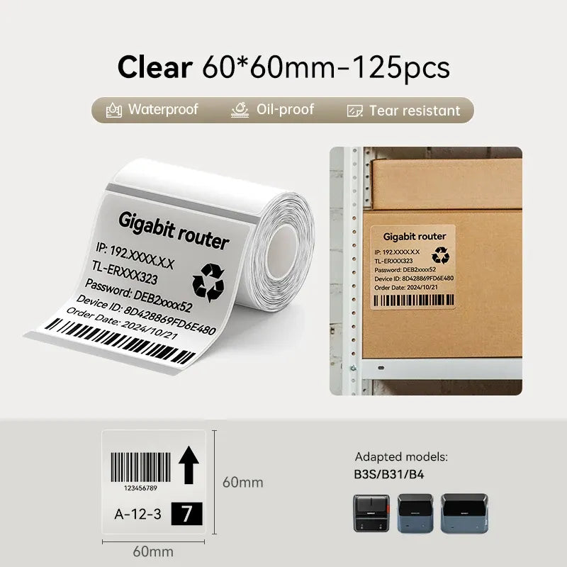 Clear 60x60mm label stickers roll, 125 pcs, waterproof oil-proof tear-resistant