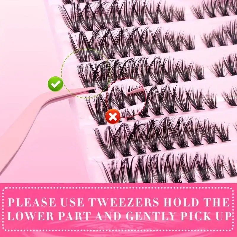 DIY cluster lash tray in black on a pink background, showing proper tweezer grip instructions.