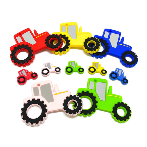 Multi-colored silicone tractor teething toys for baby teething relief.