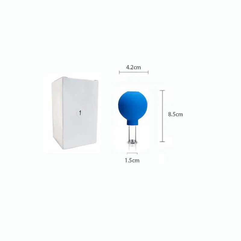 A blue rubber vacuum facial cupping tool with a clear glass suction head, shown with dimensions in a white box.