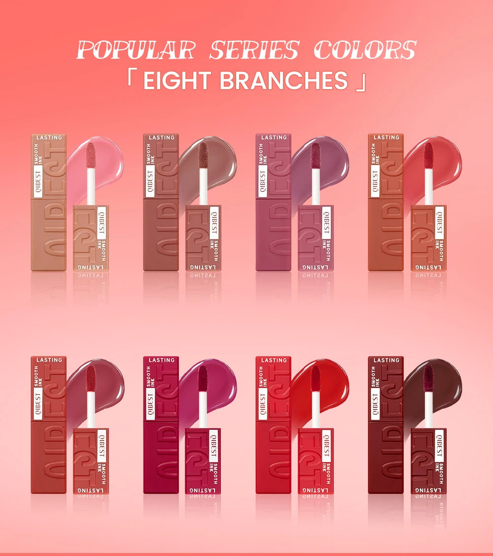 QIBEST 8-color watery lip glaze set featuring glossy, long-lasting liquid lipstick in various pigmented shades.