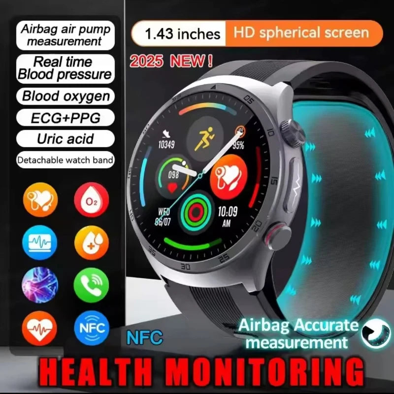 Black-strap smartwatch with silver case and circular health-style display