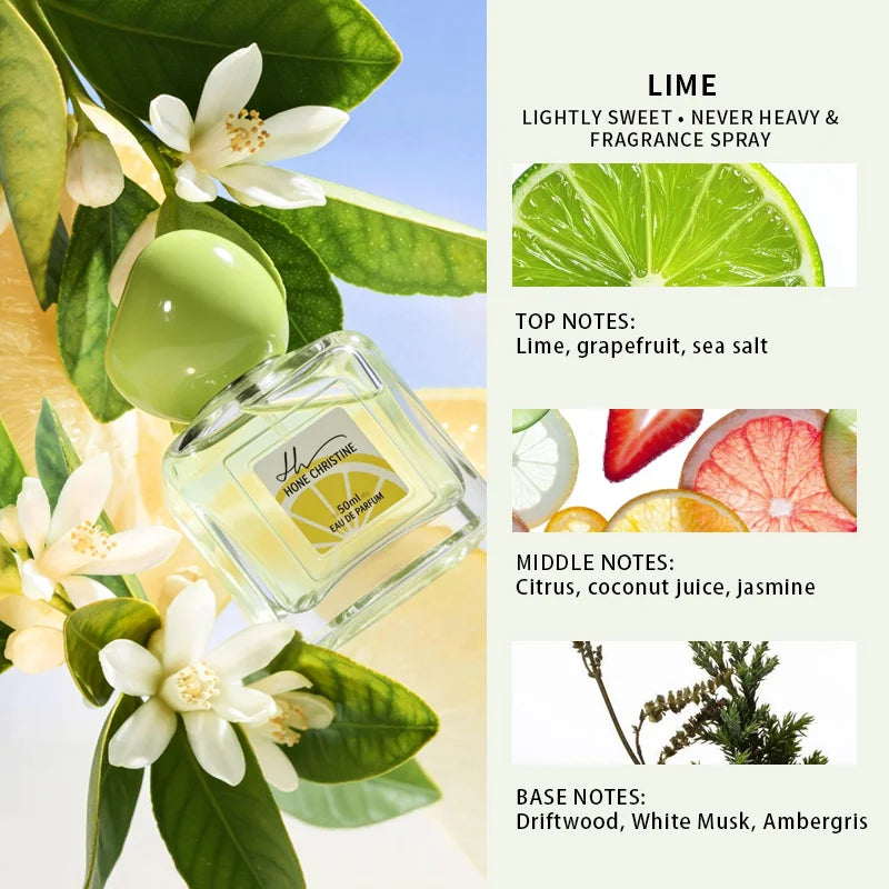 Hone Christine EDP women’s perfume, square bottle, fresh citrus, lime, coconut, jasmine, and sea salt summer fragrance.